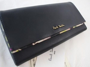 1円　新品同様　ポールスミス　Paul Smith　★　かぶせ　長財布　★　ネイビー　レザー　フラワー　パンジ―　付属品有　2186