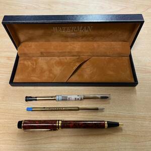 【TH1113】ウォーターマン WATERMAN ボールペン 文房具 用具 回転式 ペン マーブル 模様 高級感 ゴールドカラー 筆記用具 箱付き 替え芯付