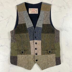 男の戦闘服 極美品 HARRIS TWEED ハリスツイード ツイードベスト ジレ クレイジーパターン 猫目ボタン ミックスツイード Mサイズ 