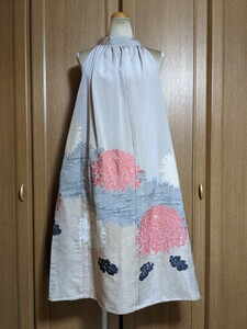 着物リメイク★17★薄グレーラメ訪問着ホルターネックワンピース・ストール★菊波刺繍★難あり