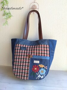 *北欧調お花刺繍*マチ広めバルーンバッグ*岡山デニム＆毛混ジャガード織生地*肩掛け* ハンドメイド *