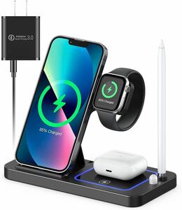 ワイヤレス充電器 Qi認証 4in1急速充電15W/10W/7.5W iPhone 15/Galaxy/Apple AirPods 日本語説明書付き 18WQC3.0アダプター付属 ブラック