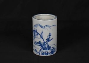 青花　染付　山水風景漢詩紋　筆立て　文房具　茶道具　中国美術