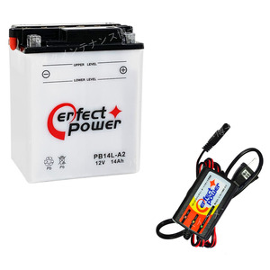 バイクバッテリー充電器セット ◆ PerfectPower充電器 + パーフェクトパワー PB14L-A2 開放型 液別 互換 ユアサ YB14L-A2 FB14L-A2