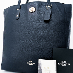 1円【入手困難品■定価10万】COACH コーチ ロゴ ターンロック A4 ビジネス バッグ トート レザー メンズ レディース 大容量 ネイビー 紺色