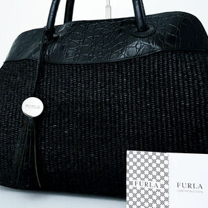 【入手困難品■定価10万】FURLA フルラ クロコ フリンジ ロゴ A4 ビジネス バッグ トート レザー メンズ レディース 大容量 ブラック黒