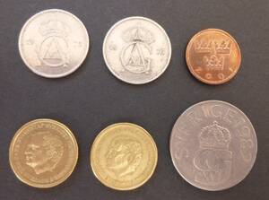 スエーデン　(Sweden)　旧貨幣　１９７３～２００１年、１０クローネ～５０オーレ　硬貨　６枚　送料無料