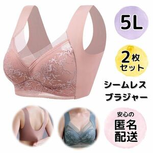 シームレスブラ ブラジャー 5L 4XL 2枚セット 大きいサイズ レース ノンワイヤーブラ ピンクベージュ ナイトブラ ゆったり