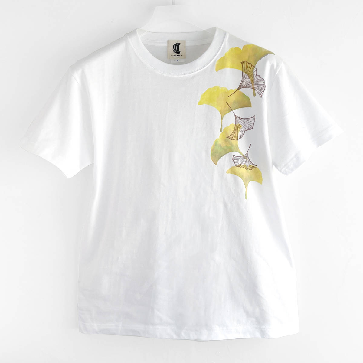Мужская футболка, размер L, футболка с узором гинкго, белый, ручной работы, нарисованная от руки футболка, гинкго, Большой размер, Круглый вырез, с рисунком