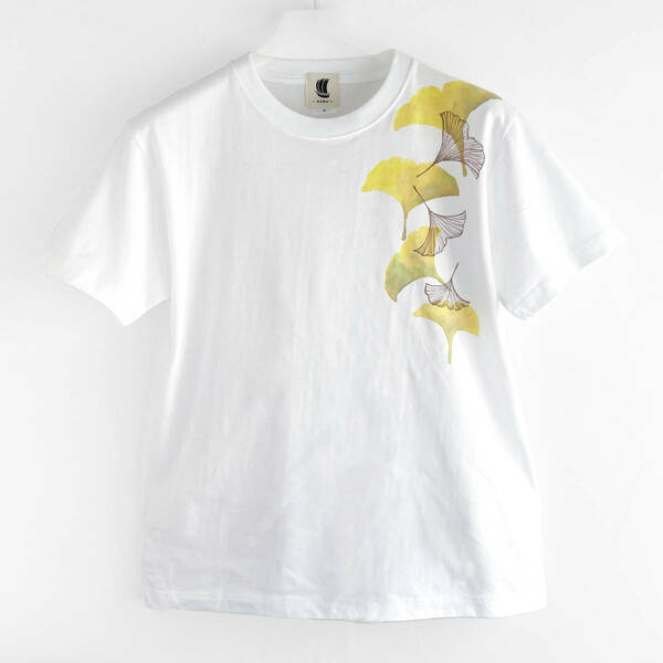 メンズ Tシャツ XLサイズ イチョウ柄Tシャツ ホワイト ハンドメイド 手描きTシャツ 銀杏