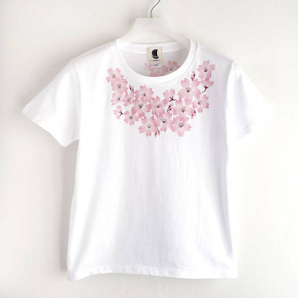 レディース Tシャツ Lサイズ 白 コサージュ桜の花柄Tシャツ 手描きTシャツ