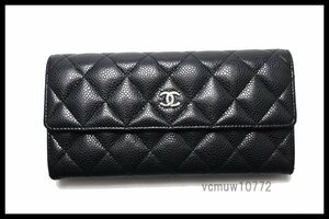 希少美中古■CHANEL 19番台 キャビアスキン マトラッセ SV金具 レザー 2つ折り長財布 シャネル■1123oo17779