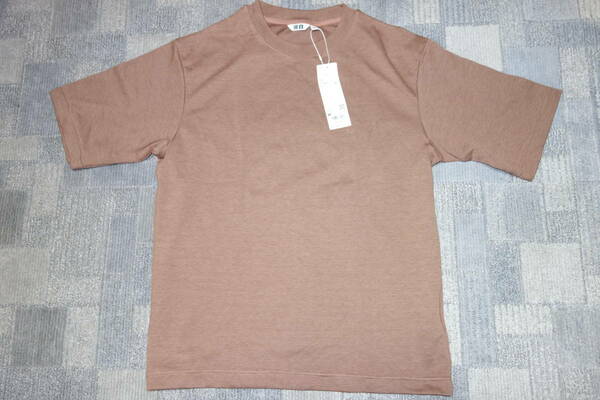 未使用！ユニクロU エアリズムコットンオーバーサイズボーダークルーネックTシャツ（5分袖）　Mサイズ　ブラウン
