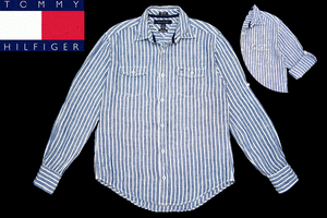 Y-6756★送料無料★超美品★TOMMY HILFIGER トミーヒルフィガー CUSTOM★インディゴ ストライプ 半袖にもなる2WAY 長袖 リネン シャツ S/P