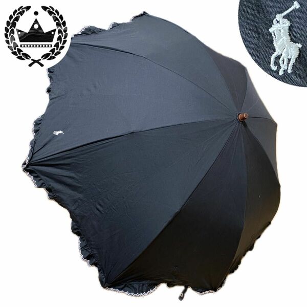 ラルフローレン　晴雨兼用　折りたたみ遮光日傘　フリル　ブランドロゴ 傘 黒