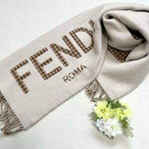 1円〜 【極美品】FENDI 2023SS カシミヤ混合マフラー ビッグロゴ チェック柄