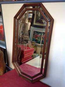 A レトロ 木製枠 八角壁掛鏡 