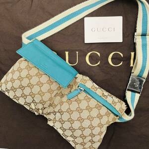 1円《美品・稀少色》GUCCI グッチ ウエストポーチ ボディバッグ GGキャンバス レザー 本革 シェリーライン ターコイズ ショルダー メンズ