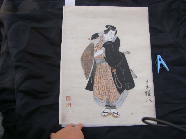 가사이 치쿠테이(Kasai Chikutei)의 그림, 히라이 곤파치의 서 있는 초상화, 얇은 화지에 손으로 그린 채색화, 서명되지 않은, 붉은 물개 치쿠테이와 함께, 노화로 인한 황변 및 약간의 주름, 좋은 조건, 종이 크기 약. 38.4x27.5cm, 배송비 220엔, 그림, 우키요에, 인쇄물, 전사 그림