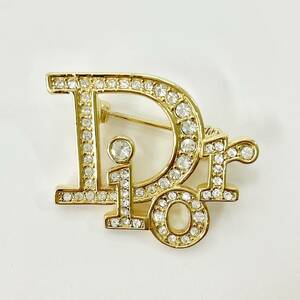 8067 Christian Dior Logo rhinestone brooch Gold 