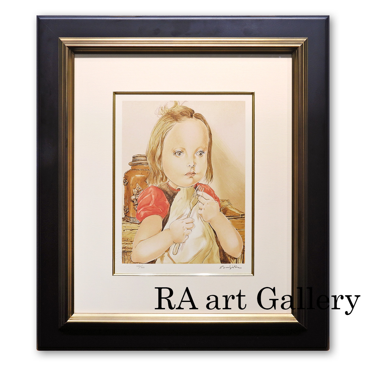 Tsuguharu Foujita Girl with a Fork Portrait Girl New Framed Masterpiece from his later years Child Genre painting Fine art Western painting Print Painting Guaranteed authentic Price negotiable, Artwork, Prints, Silkscreen