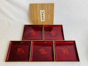 kme08▼骨董 皿 本場 玉〇塗 菓子器 玉虫 5客セット 工芸品 年代物 木箱付▼