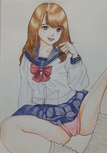 手描きイラスト オリジナル 原画B5サイズ 色鉛筆画 青セーラー服 