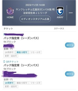 J1リーグ第33節サンフレッチェ広島対ガンバ大阪　バック指定席2枚
