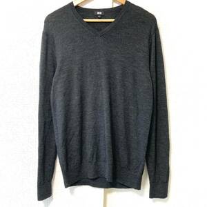 人気◎ 状態良好◎ 【UNIQLO】ユニクロ エクストラファイン メリノ Vネック セーター ニット ウール100% グレー メンズ トップス L/1442UU