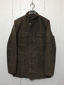 ☆291295=HOMME チェック M-65 ミリタリージャケット M 茶色 スタッズ 鋲 裏地キルティング 中綿入り