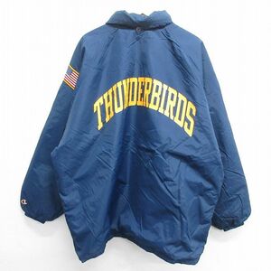 XL/古着 チャンピオン champion 長袖 ナイロン ジャケット メンズ 90s THUNDERBIRDS 星条旗 ロング丈 大きいサイズ ラグラン 紺 ネイビー