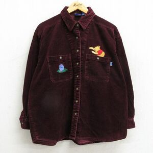 古着 長袖 シャツ レディース 00s ディズニー くまのプーさん 刺繍 コーデュロイ 太畝 大きいサイズ コットン エンジ 23nov14 中古 ブラウ