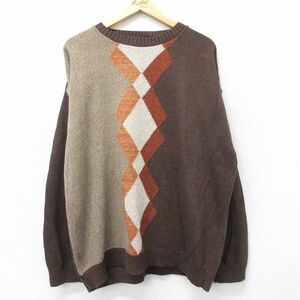 XL/古着 長袖 セーター メンズ 90s 大きいサイズ クルーネック こげ茶他 ブラウン 23nov21 中古 ニット トップス