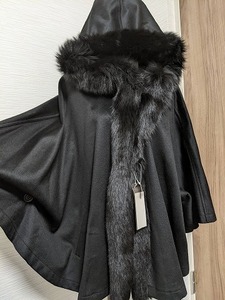 [ free shipping ]A982 unused storage goods cashmere 100% cashmere fox fur with a hood mantle poncho coat shawl stole 