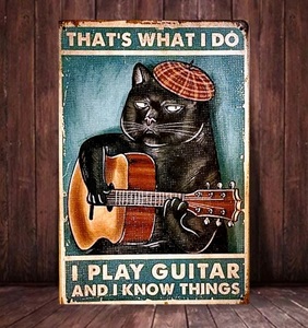 ブリキ看板　HANAKO　レトロ　猫の看板　E10　黒猫　ギター　ミュージックパブ　ウェルカムボード