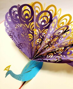 立体カード　HANAKO　飛び出すカード　孔雀　紫黄　鳥の雑貨　多目的カード　紙模型