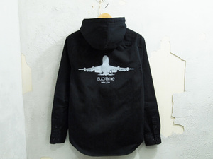 美品 13AW Supreme Hooded Twill Shirt フーデッド シャツ クラシックロゴ マイクミルズ S 黒 ブラック Black シュプリーム F