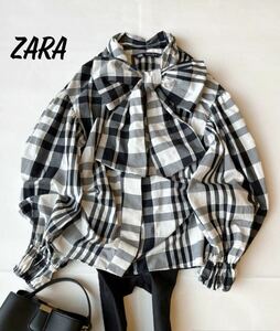 ZARA ザラ 秋 冬 大人素敵 ふっくら袖 ボウタイ ビッグリボン チェック柄 ブラウス サイズS 黒 白 モノトーン 秋カラー シャツ 重ね着 