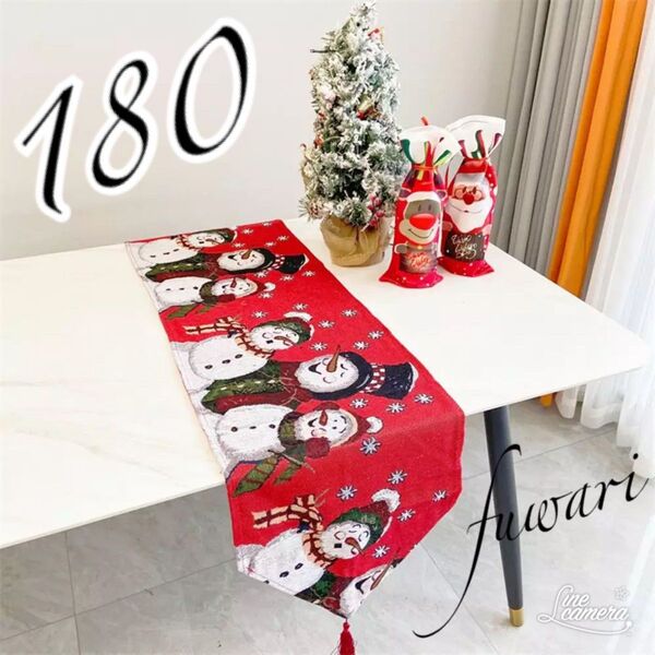 テーブルランナー クリスマス 180 赤 レッド 雪だるま スノーマン タッセルつき