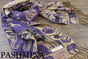 新品【パシュミナ Pashmina】金糸織 パープル×ゴールド 象柄 エレファント柄 大判 ストール カシミア100% Cashmere