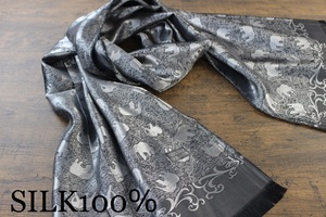 新品【シルク100% SILK】エレファント柄 象柄 メタリックグレー M.GRAY 大判 ストール/スカーフ