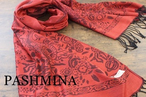新品【パシュミナ Pashmina】ボタニカル柄 レッド 赤 RED 大判 ストール カシミア100% Cashmere