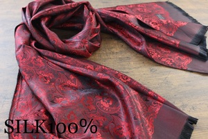 新品【シルク100% SILK】ペイズリー花柄 シャインレッド 赤 S.RED 大判 ストール/スカーフ