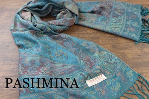 新品【パシュミナ Pashmina】BIGペイズリー柄 エメラルドグリーン E.GREEN 大判 ストール カシミア100% Cashmere