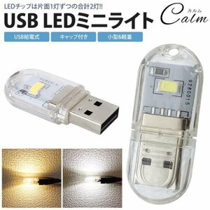 USB LEDライト ミニライト 両面発光 LED 2灯 小型 軽量 携帯 簡単点灯 キャップ付き コンパクト 【暖色】