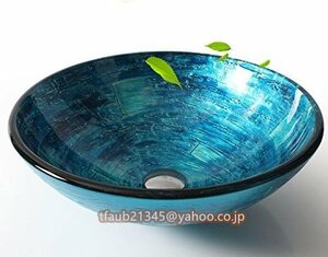 洗面台 洗面ボウル 洗面台彩色上絵 洗面鉢 手洗い器 手洗器 洗面ボール ガラス 手洗い器おしゃれ 強化ガラス製 排水金具付 青色 蛇口なし