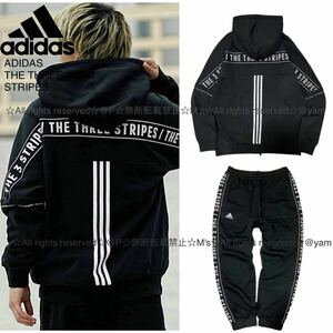 希少 3XL 新品 adidas アディダス 裏起毛 スウェット 上下セット オーバーサイズ フルジップパーカー パンツ セットアップ 黒 ブラック