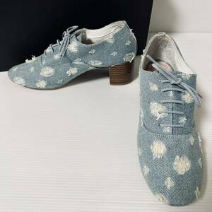 【美品】repetto レペット　オックスフォードシューズ　ダメージ加工　ヒール　デニム　37 23.5cm ブルー系　＊11