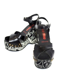 S* MiuMiu MIUMIU Wedge sole leather ankle strap floral print thickness bottom sandals I:34 1/2 black ok4622207909