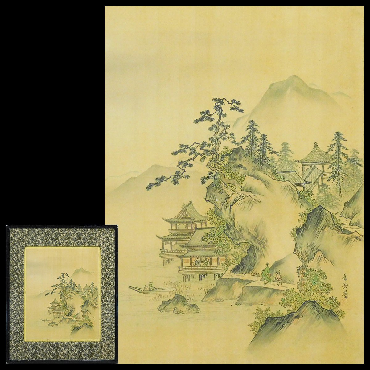 Kano Haruaki, Turmlandschaft am Seeufer, Tinte und Farbe, Seide, Gerahmt, Langzeitlagerung, AC23110502, Kunstwerk, Malerei, Tuschemalerei